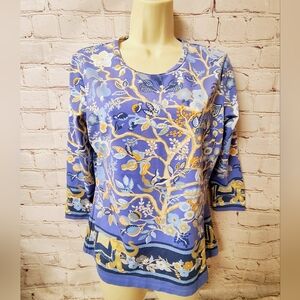 J Mclaughlin 3/4 Sleeve Blue Elepha Garden nt Print Rashguard Top M